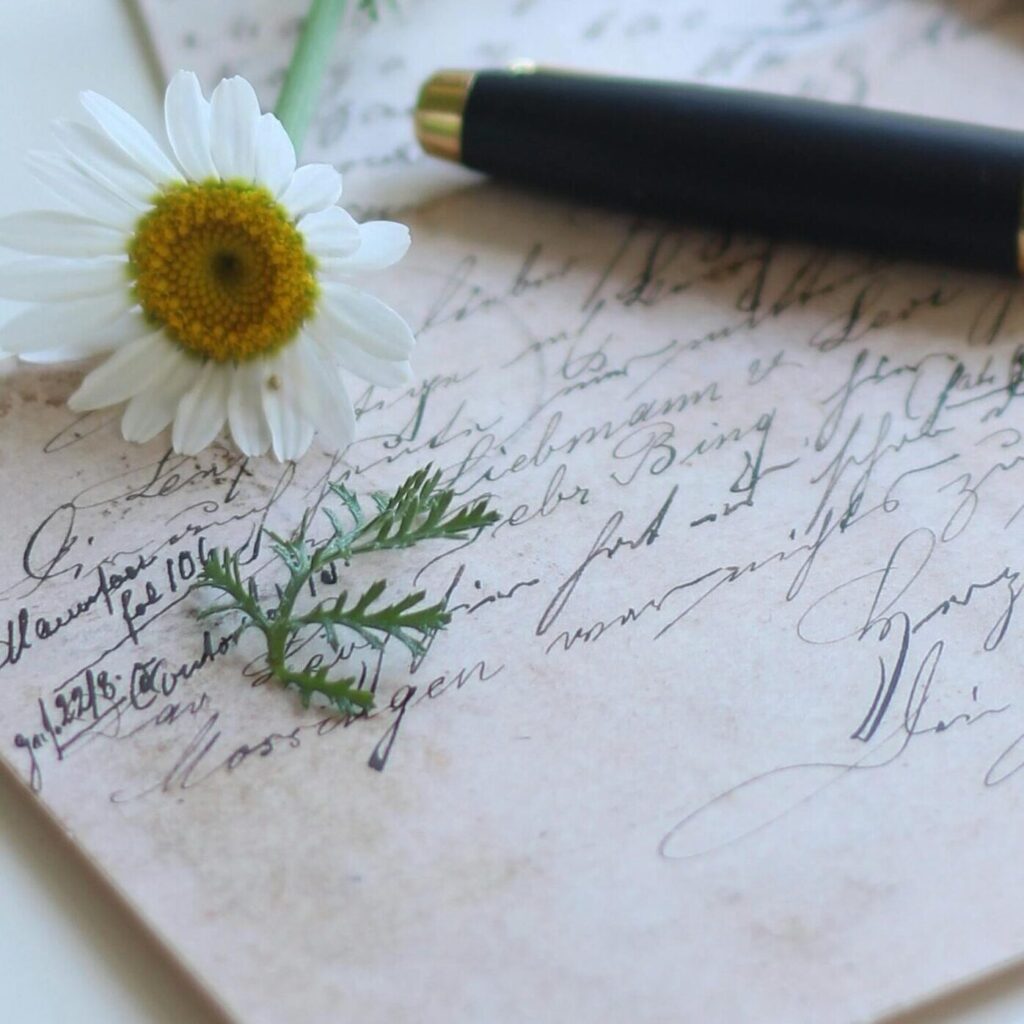 Close-up of a pen, handwritten letter, and open book with a vintage feel.